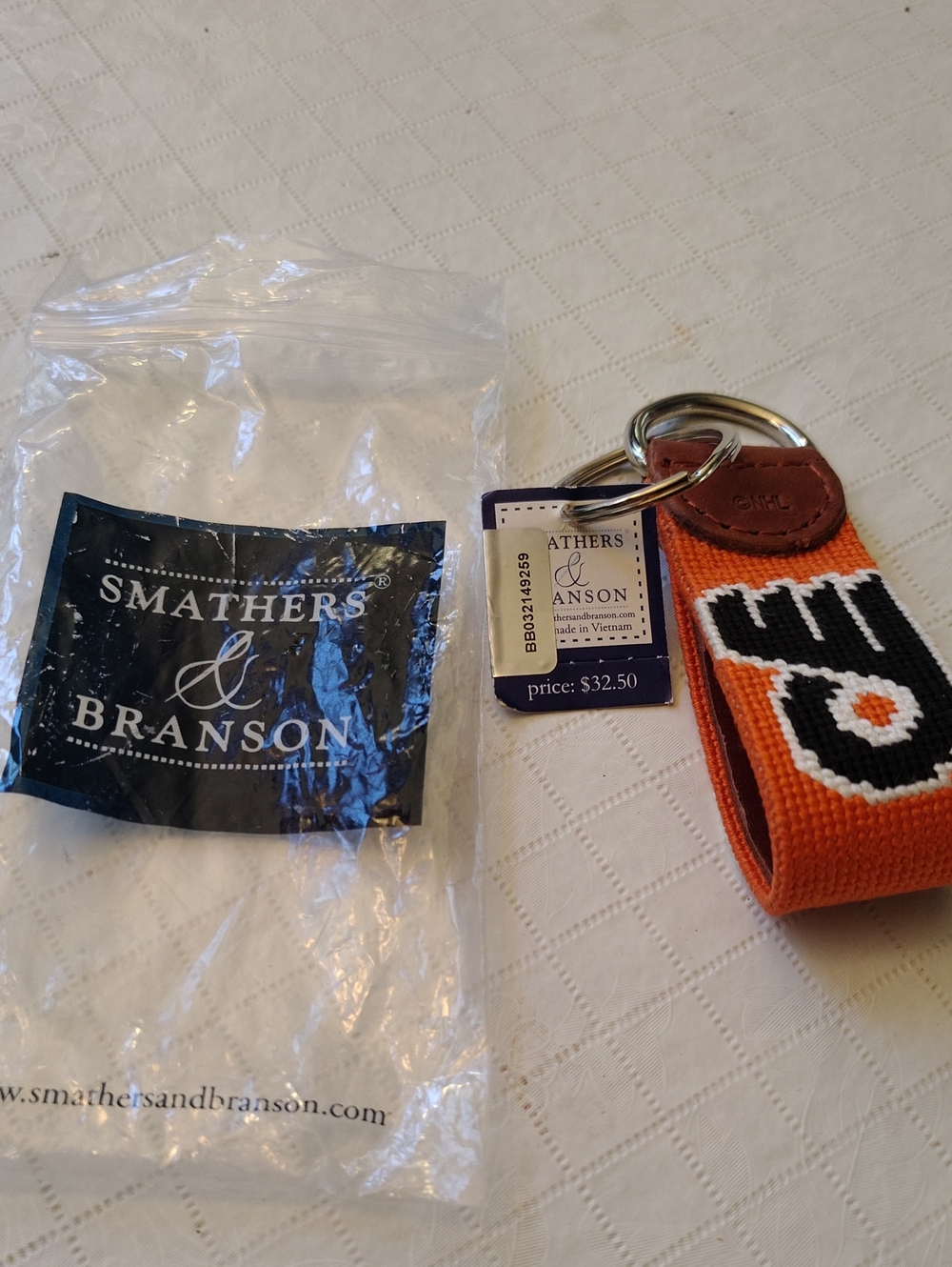 NHL Orange Needlepoint Key & Card Holder with Leather Accent